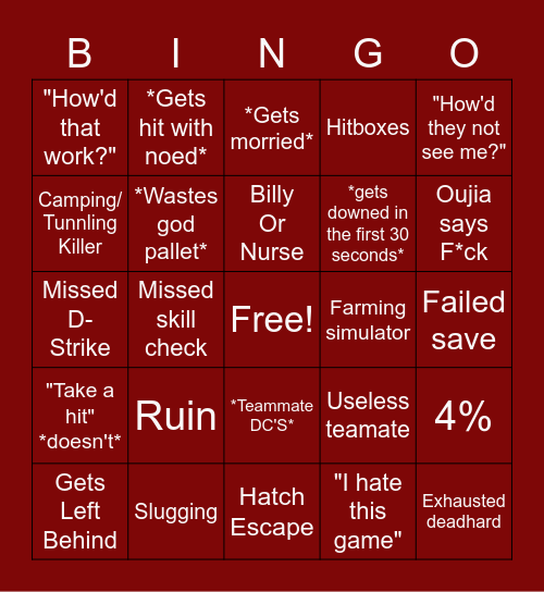 Dead By Daylight Bingo Card