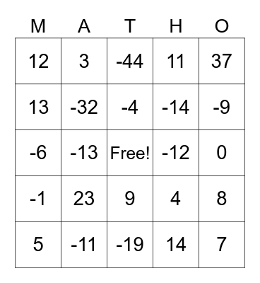 Integers - Addition and Subtraction Bingo Card
