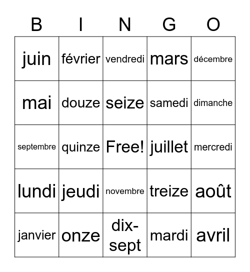 Les jours, les mois and les numéros 11-15 Bingo Card