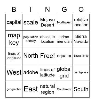 Social Studies Lesson 1 Bingo Card
