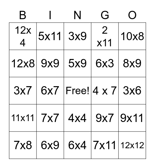 Speed Multiplication Bingo Card