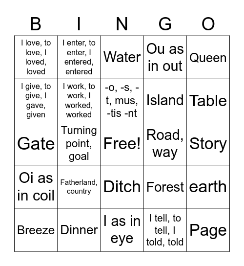 Latin Chapter 1 & 2 Bingo Card