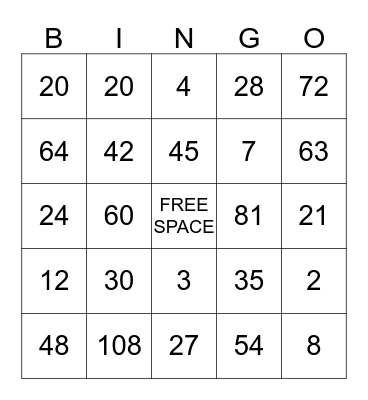 MINECRAFT MULTIPLICATION BINGO Card