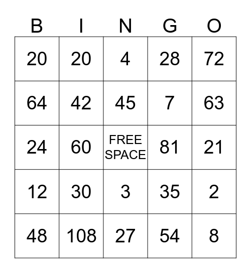 MINECRAFT MULTIPLICATION BINGO Card