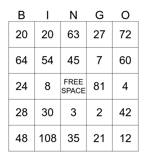 MINECRAFT MULTIPLICATION BINGO Card