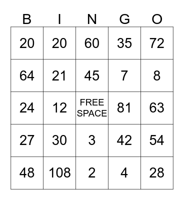 MINECRAFT MULTIPLICATION BINGO Card