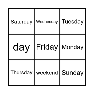 Days of the week Bingo Card