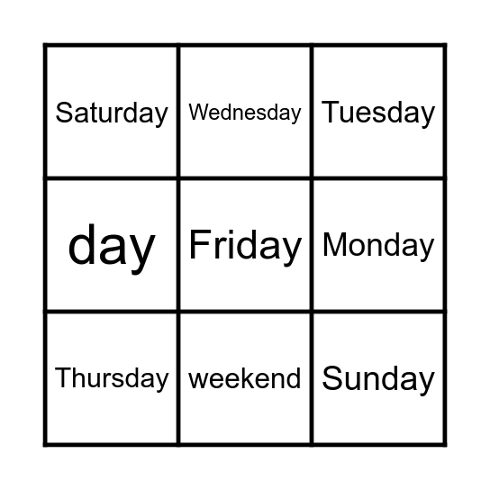 Days of the week Bingo Card