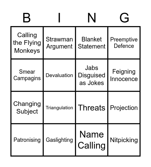 Narcissist Bingo Card