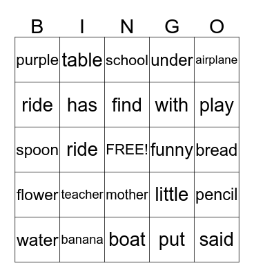 Sight Word Bingo Card