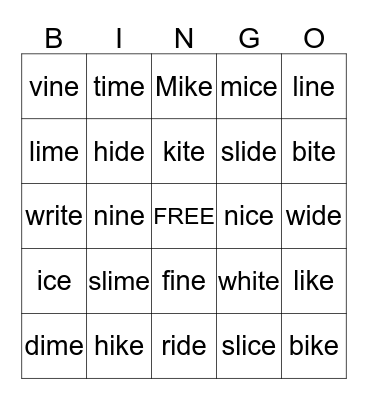 Long i Words Bingo Card