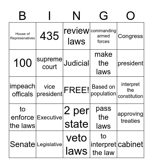 The Branches of Government Bingo Card
