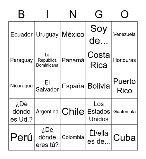 Los Países Hispanohablantes Bingo Card