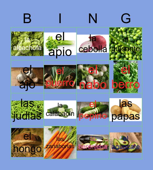 Las verduras Bingo Card