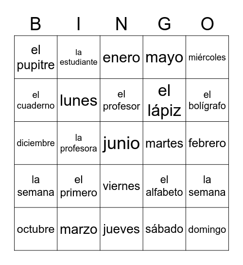 Para empezar 2 - vocabulario Bingo Card