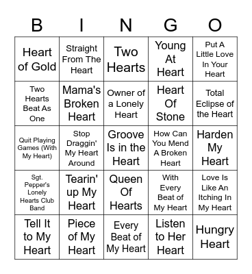 Songs With Heart In The Title Bingo Card