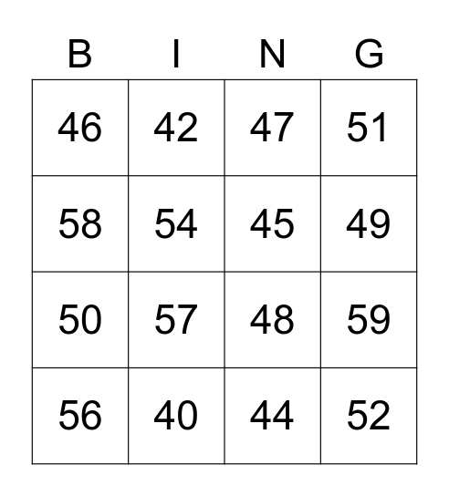 Des numéros 40-60 Bingo Card