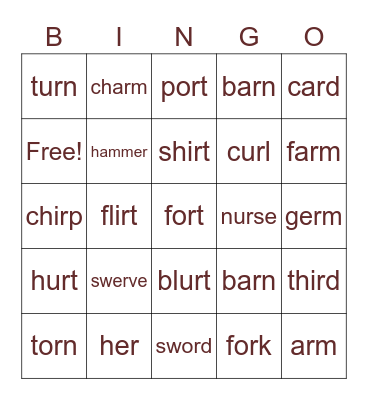 R Controlled Vowels Bingo Card