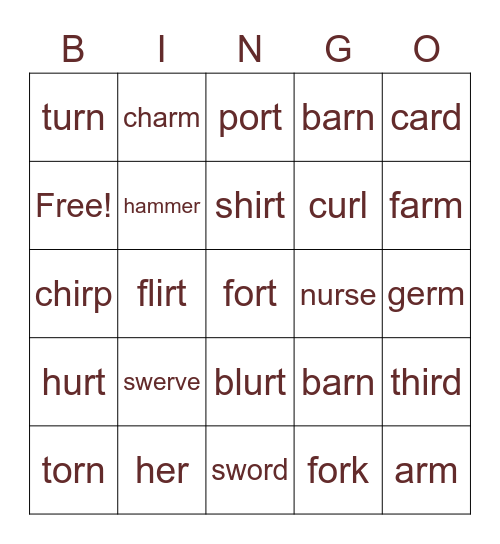 R Controlled Vowels Bingo Card