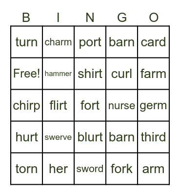 R Controlled Vowels Bingo Card