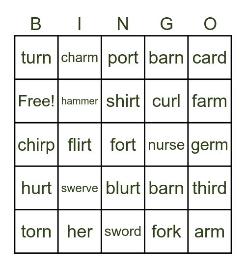 R Controlled Vowels Bingo Card