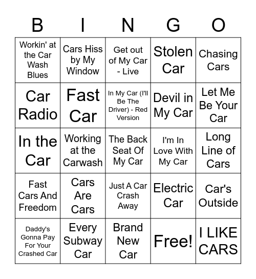 Bingo Songs With Car(s) In the Title Bingo Card