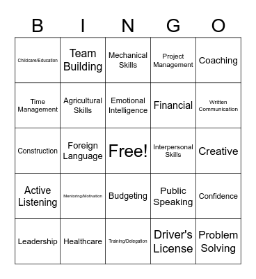 Skill Sets Bingo Card