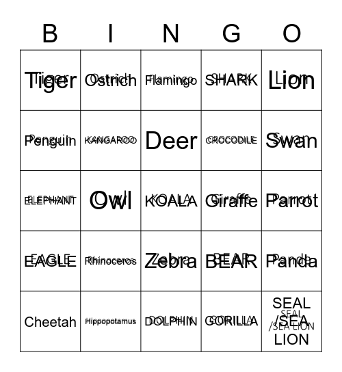Animals (words) Bingo Card