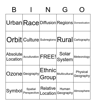 Unit One Bingo Card