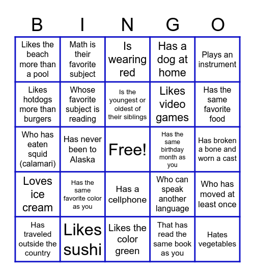 GET TO KNOW YOU BINGO - Find someone who... Bingo Card