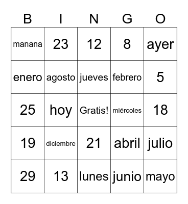 Numeros 1-30, Dias, y Meses Bingo Card