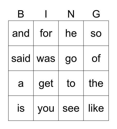 sight words Bingo Card