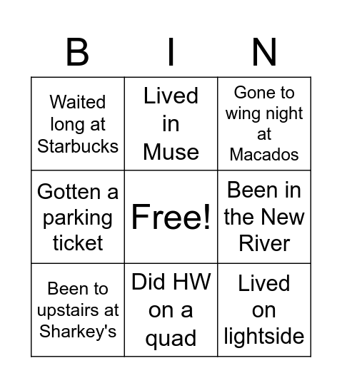 Radford Bingo Card