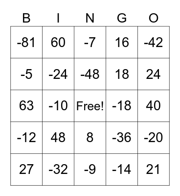 Negative Multiplication and Division Bingo Card