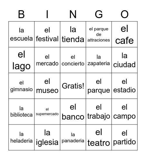 Spanish Around the Town Bingo Card