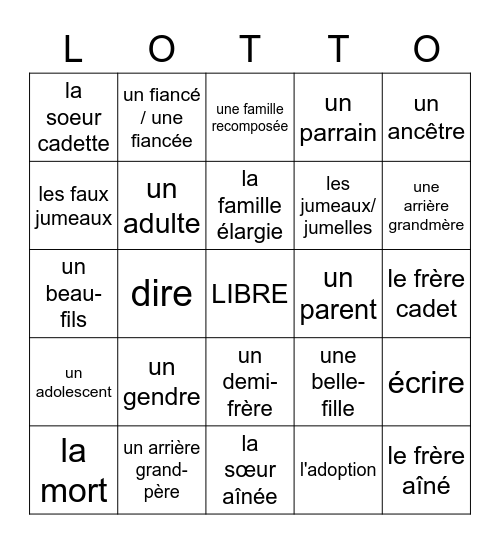 Français 2 Unit 6 La Famille Bingo Card