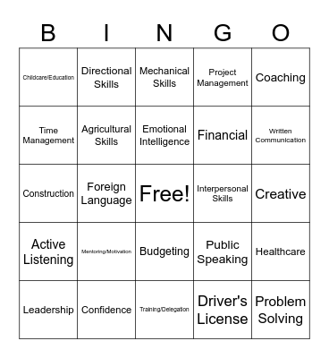 Skill Sets Bingo Card