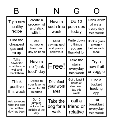 Wellness BINGO week 1 Bingo Card
