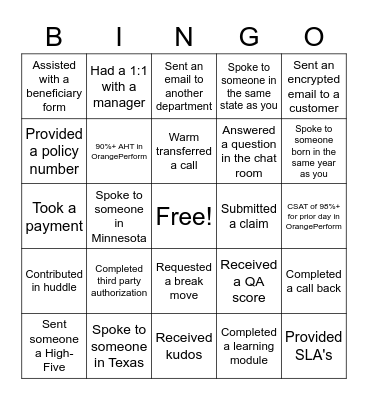 Call Center Bingo Card