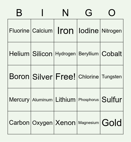 Periodic Table Bingo Card