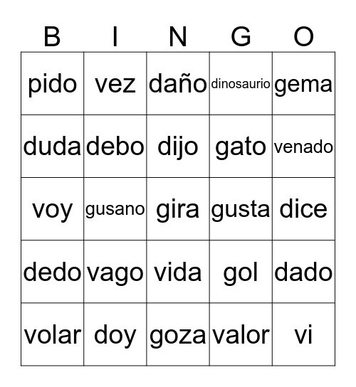Palabras con v,d,g Bingo Card