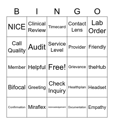 Customer Service Bingo Card