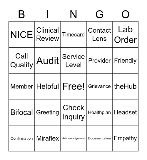 Customer Service Bingo Card