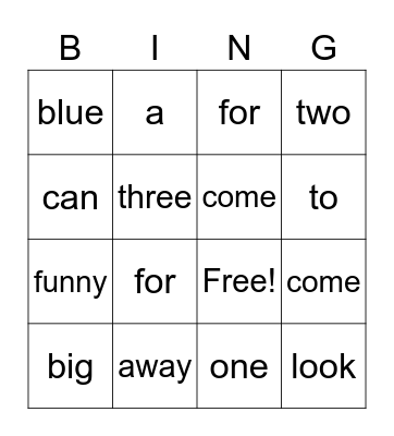 Sight Word Bingo Card