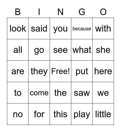 Sight Word Bingo Card