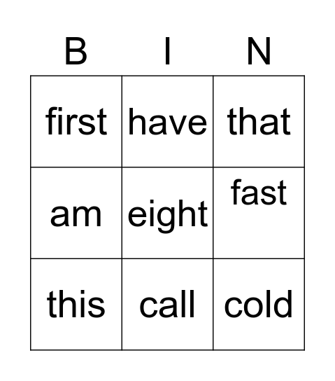 spelling Bingo Card