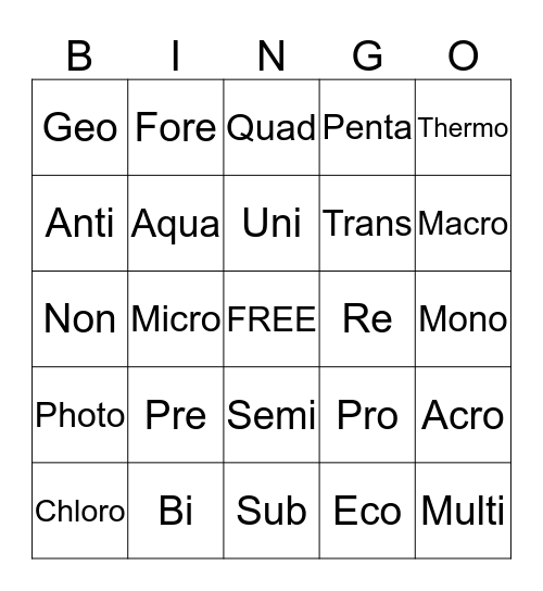 Prefix Bingo Card
