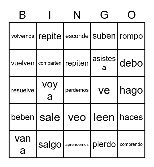er & ir verbs conjugated Bingo Card