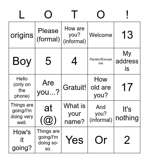 Ch. 1: English Bingo Card