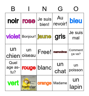 French review colors animals greetings Bingo Card